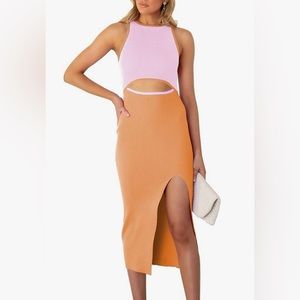 NEW Pink Cutout Crew Neck Sleeveless Tank Slit Ribbed Bodycon Midi Dresses